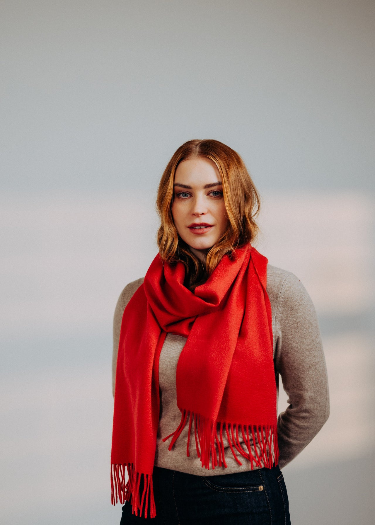 Classic Plain Wide Cashmere Ripple Scarf Alert Red