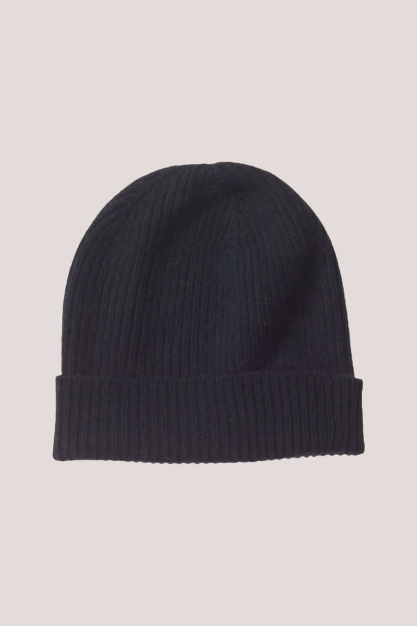 Rib Knit Cashmere Beanie Hat Navy Blue