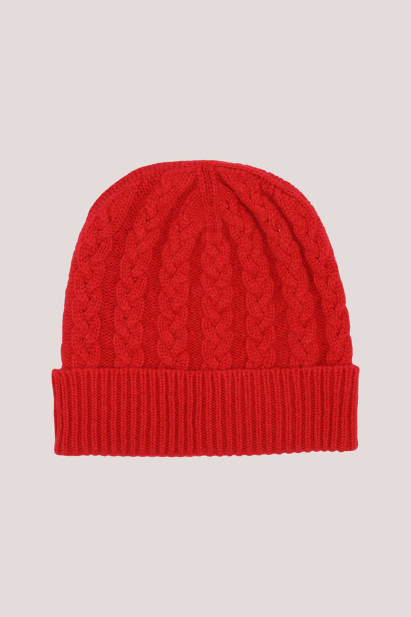 Cable Knit Cashmere Beanie Hat Red