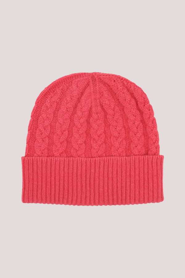 Cable Knit Cashmere Beanie Hat Coral Pink