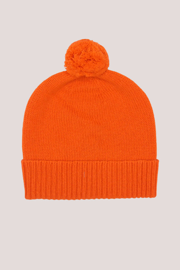 Plain Cashmere Beanie with Pom Pom Orange