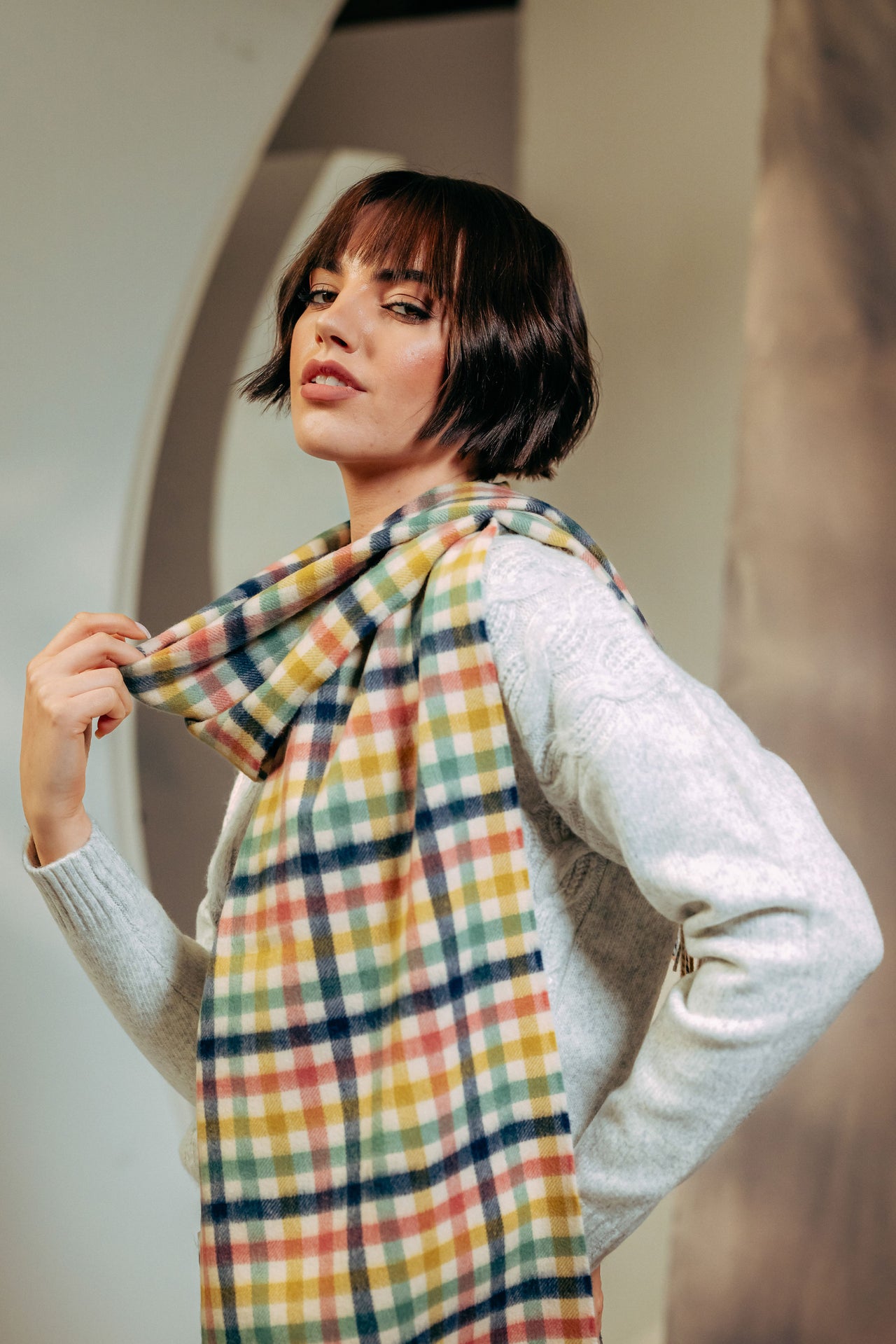 Female model 100% Lambswool Scarf - Cream x Navy x Rose x Green