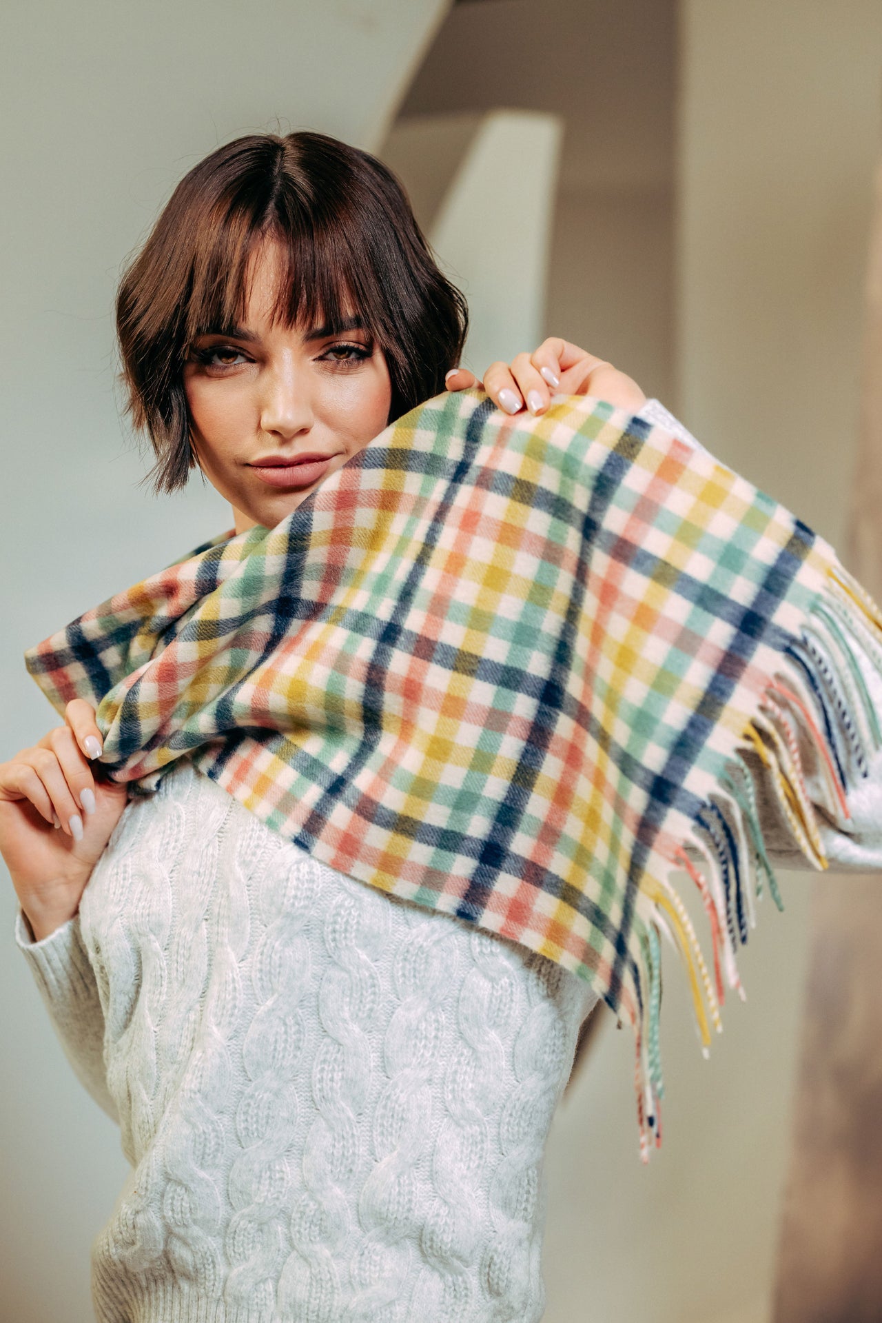 Female model wearing 100% Lambswool Scarf - Cream x Navy x Rose x Green