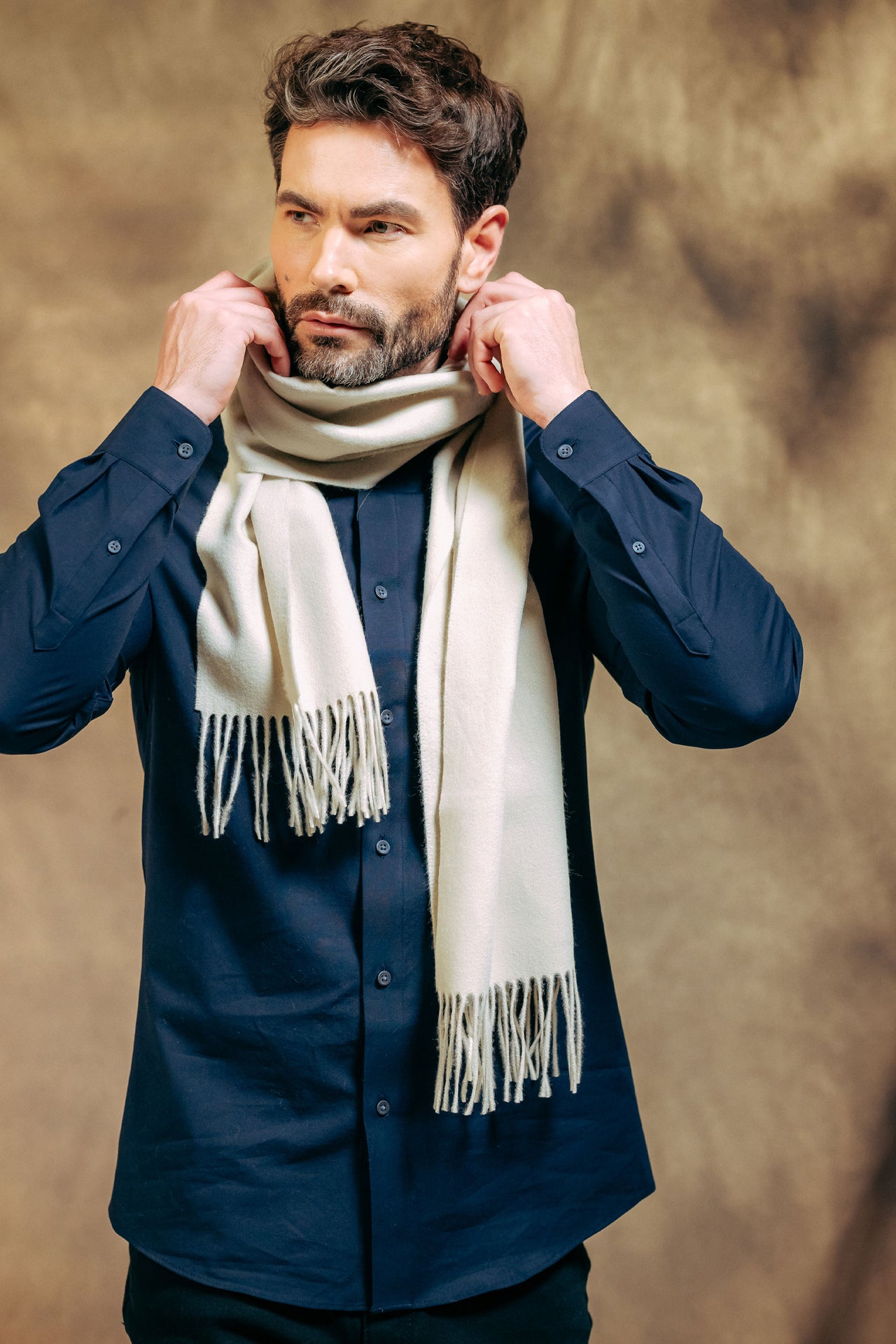 Male model wearing Classic Plain 100% Lambswool Scarf - Cream