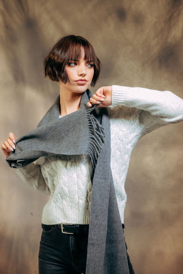 Female male model wearing Classic Plain 100% Lambswool Scarf - Grey