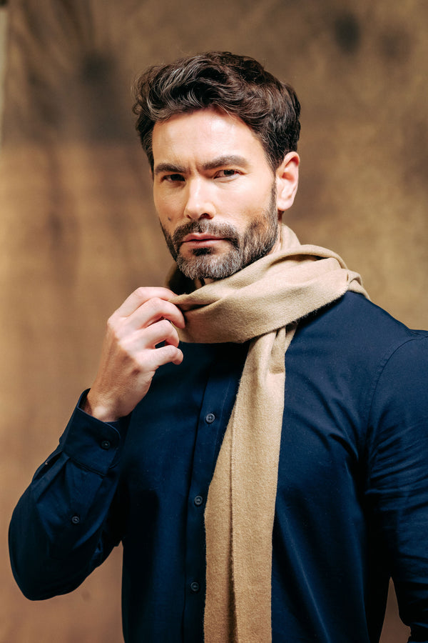 British male model wearing Classic Plain 100% Lambswool Scarf - Sand