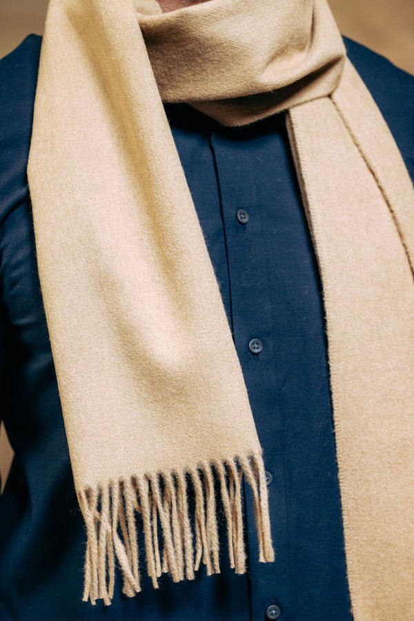 Beige scarf draped over male model wearing a blue shirt.
