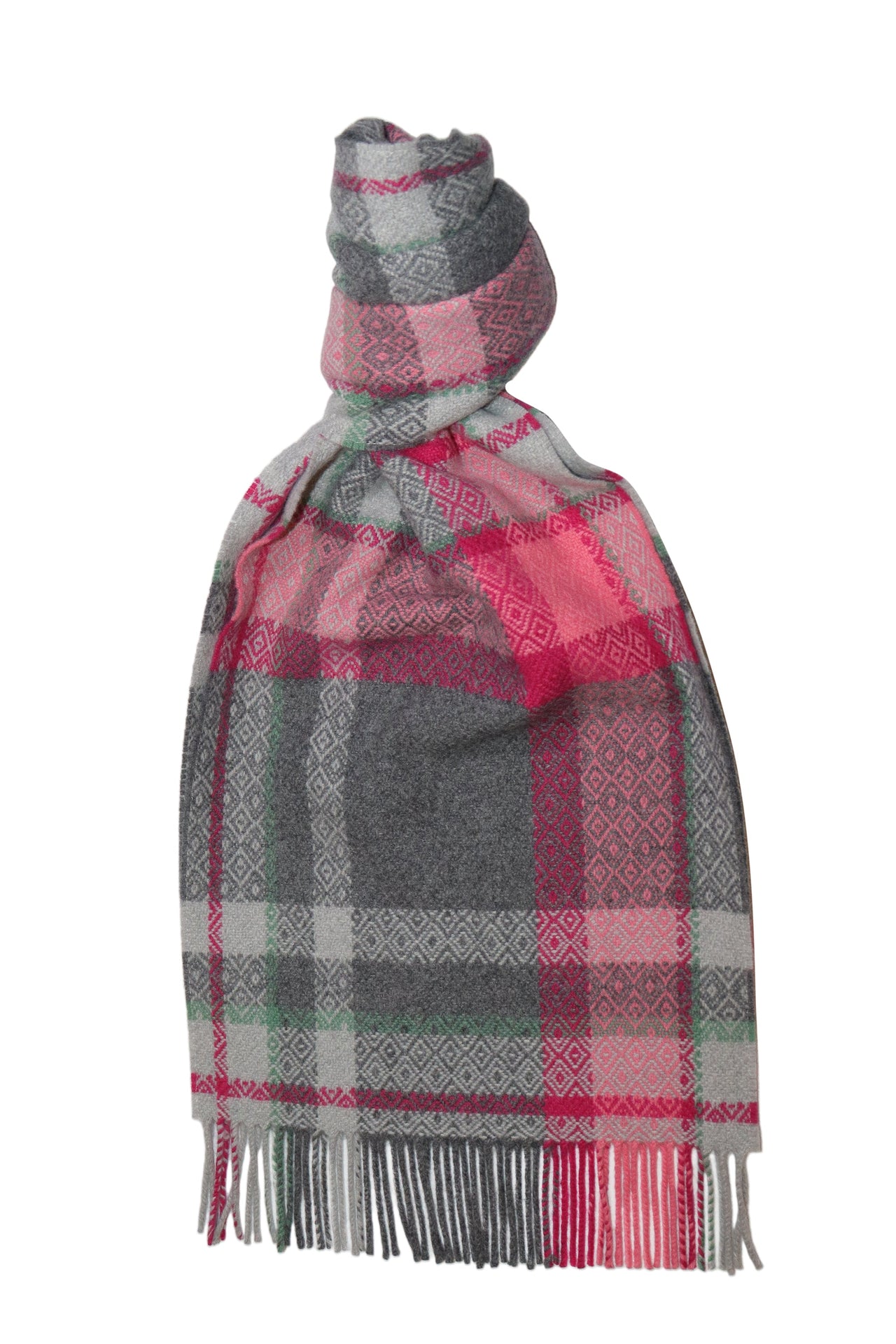 Joshua Ellis Diamond Check Lambswool Scarf Pink x Grey