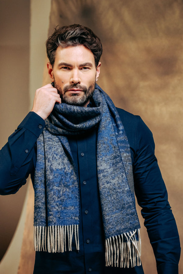 Jacquard Ripple 100% Cashmere  Scarf - Blue