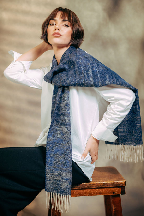 Jacquard Ripple 100% Cashmere  Scarf - Blue