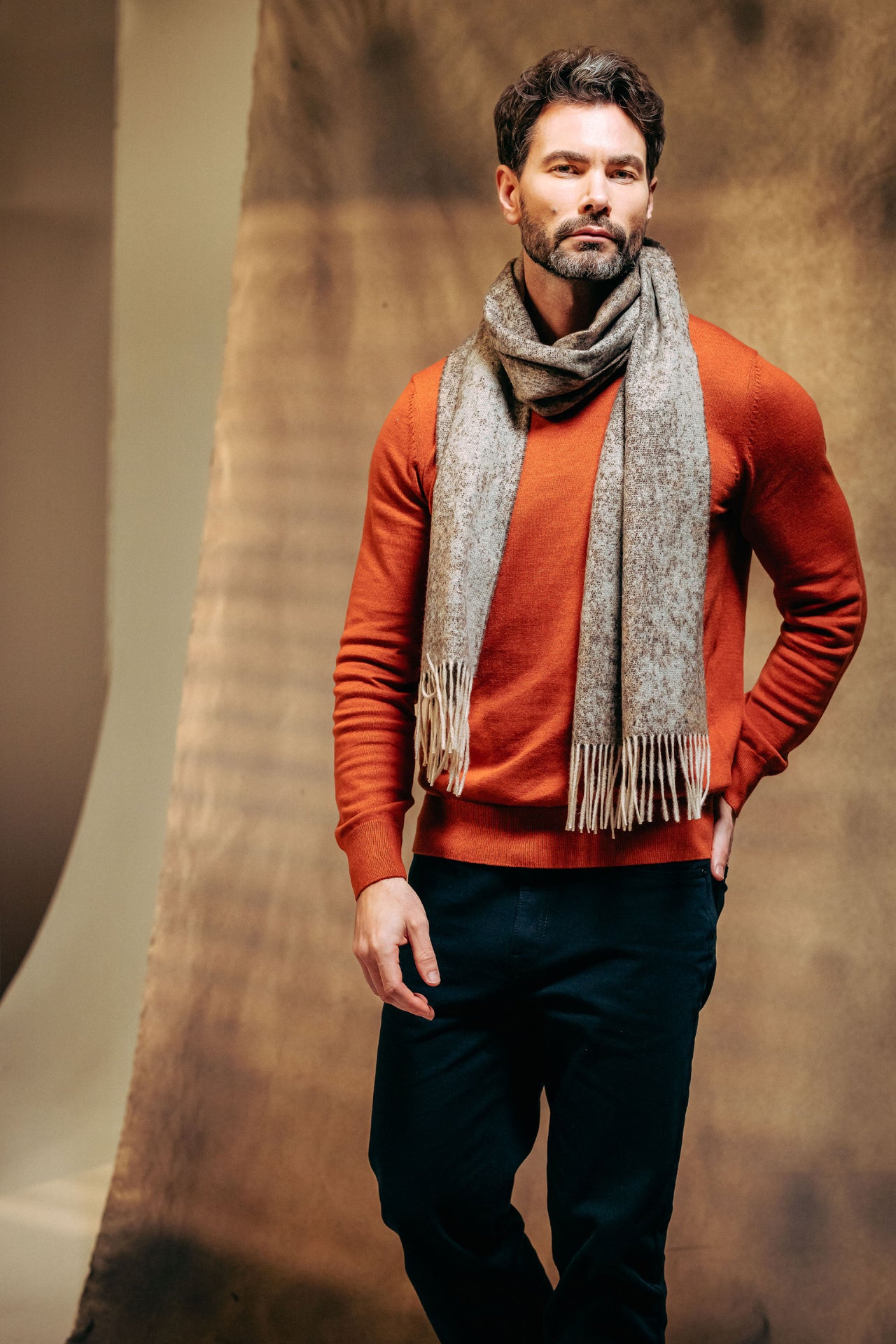 Jacquard Ripple 100% Cashmere  Scarf - Brown