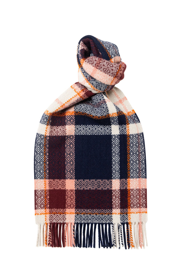 Joshua Ellis Diamond Check Lambswool Scarf Navy Blue x Orange