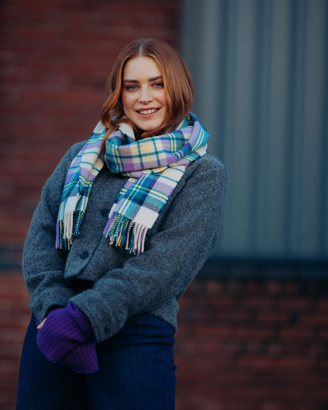 Modern Tartan Lambswool Scarf Beige x Purple