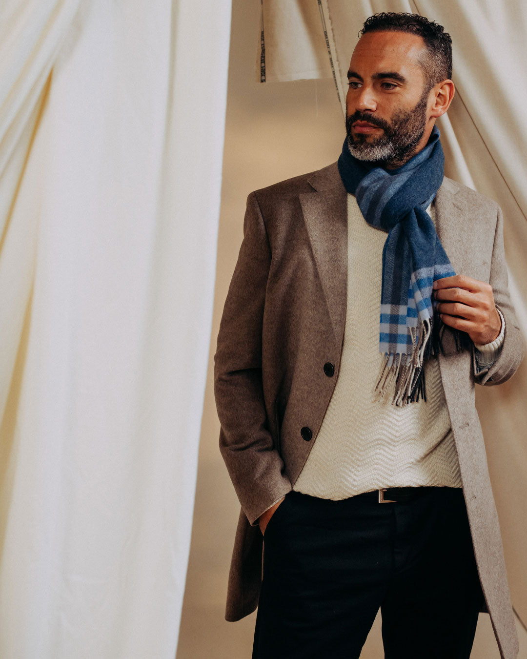 Framed Cashmere Blend Scarf Navy Blue